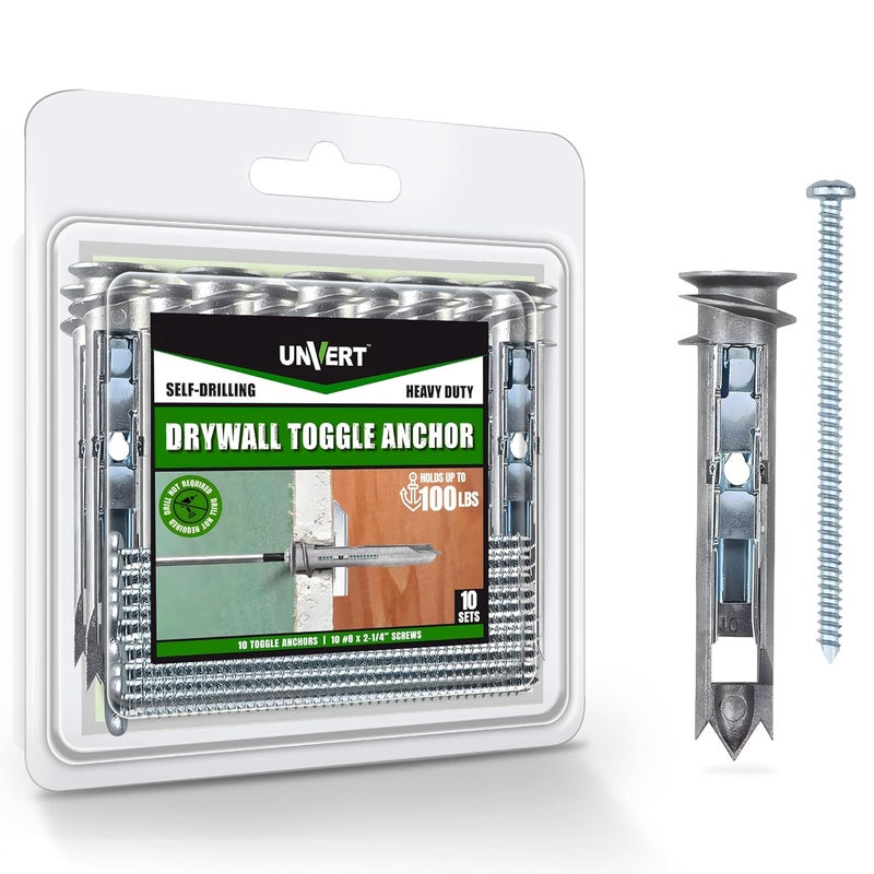 UNVERT Heavy Duty Drywall Anchors - Self Drilling Ez Drywall Toggle Anchor Kit, #8 Anchor with Screws - Easy Wall Anchors for Hanging and Mounting - Holds Up to 100 Lb. (10 Pack) - Image 1
